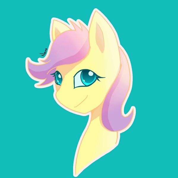 Size: 1280x1280 | Tagged: safe, artist:radioactive nero, derpibooru import, fluttershy, pony, alternate hairstyle, alternate universe, bust, cyan background, female, simple background, smiling, solo