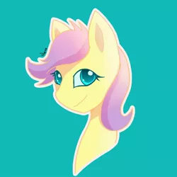 Size: 1280x1280 | Tagged: safe, artist:radioactive nero, derpibooru import, fluttershy, pony, alternate hairstyle, alternate universe, bust, cyan background, female, simple background, smiling, solo