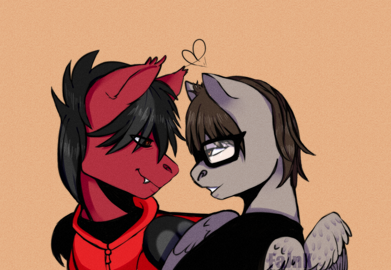 Size: 1406x970 | Tagged: safe, artist:fajnk, derpibooru import, ponified, bat pony, pegasus, pony, bat wings, clothes, commission, ear fluff, emo, fall out boy, fangs, folded wings, gay, glasses, hair over one eye, heart, hoodie, looking at each other, male, mikey way, my chemical romance, pete wentz, shipping, shirt, simple background, stallion, t-shirt, undershirt, wings, ych result