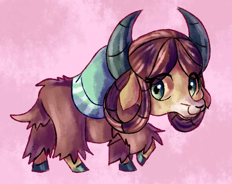 Size: 922x730 | Tagged: artist:doodally-doodles, cute, derpibooru import, monkey swings, pink background, profile, raised hoof, safe, simple background, smiling, solo, yak, yona, yonadorable