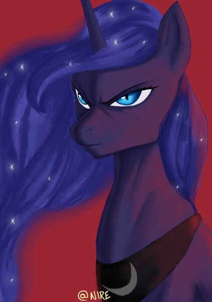 Size: 1280x1819 | Tagged: artist:nire, derpibooru import, digital painting, ethereal mane, frown, nightmare moon, princess luna, red background, safe, signature, simple background, slit eyes, solo, starry mane, windswept mane