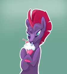 Size: 2000x2224 | Tagged: safe, artist:pfeffaroo, artist:pfeffaroo_art, derpibooru import, fizzlepop berrytwist, tempest shadow, pony, unicorn, broken horn, bust, cherry, cute, drinking, eye scar, female, food, gradient background, horn, mare, milkshake, scar, solo, straw, tempestbetes