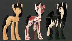 Size: 3360x1920 | Tagged: grimdark, artist:lyndrewsomethin, derpibooru import, oc, oc:valene, unicorn, fallout equestria, black hair, broken horn, green eyes, horn, injured, timeline