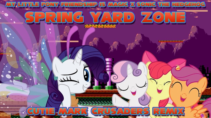 Size: 1280x720 | Tagged: safe, derpibooru import, apple bloom, rarity, scootaloo, sweetie belle, unicorn, cutie mark crusaders, eyes closed, female, game, image, jpeg, kingspartax37, mare, mountain, remix, sega, sega genesis, sega mega drive, song, sonic the hedgehog (series), spring yard zone, wings