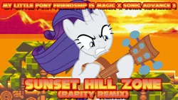 Size: 1280x720 | Tagged: safe, derpibooru import, rarity, pony, angry, evening, female, guitar, image, jpeg, jungle, male, mare, mountain, musical instrument, nature, palm, remix, rock, sega, song, sonic the hedgehog, sonic the hedgehog (series), sunset, sunset hill zone