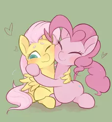 Size: 1872x2048 | Tagged: safe, artist:noupu, derpibooru import, fluttershy, pinkie pie, earth pony, pegasus, pony, blushing, cheek squish, eyes closed, female, flutterpie, green background, heart, hug, lesbian, nuzzling, one eye closed, shipping, simple background, squishy cheeks