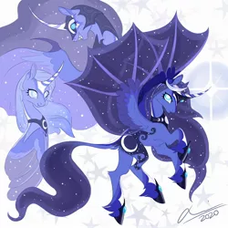 Size: 2000x2000 | Tagged: safe, artist:creeate97, derpibooru import, nightmare moon, princess luna, alicorn, bat pony, bat pony alicorn, pony, alternate design, bat wings, curved horn, ethereal mane, female, hoof shoes, horn, hybrid wings, jewelry, mare, regalia, s1 luna, solo, starry mane, unshorn fetlocks, wings