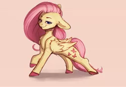 Size: 3990x2785 | Tagged: safe, artist:miokomata, derpibooru import, fluttershy, pegasus, pony, chest fluff, colored hooves, fangs, female, floppy ears, freckles, freckleshy, looking at you, mare, pink background, raised hoof, simple background, stretching