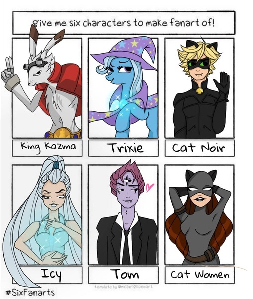 Size: 1080x1273 | Tagged: safe, artist:lionamongthestars, derpibooru import, trixie, anthro, human, pony, rabbit, unicorn, six fanarts, adrien agreste, animal, anthro with ponies, arm behind head, catwoman, chat noir, clothes, crossover, dc comics, female, glowing hands, goggles, icy, king kazma, male, mare, mask, miraculous ladybug, necktie, raised hoof, smiling, summer wars, vest, waving, winx club