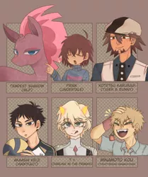 Size: 858x1024 | Tagged: safe, artist:hinatas_oj, derpibooru import, tempest shadow, human, pony, unicorn, six fanarts, :d, akaashi keiji, broken horn, bust, clothes, darling in the franxx, eye scar, female, frisk, haikyuu, hat, horn, kotetsu t. kaburagi, laughing, licking, licking lips, male, mare, minamoto kou, scar, sports, tiger and bunny, toilet-bound hanako-kun, tongue out, undertale, volleyball