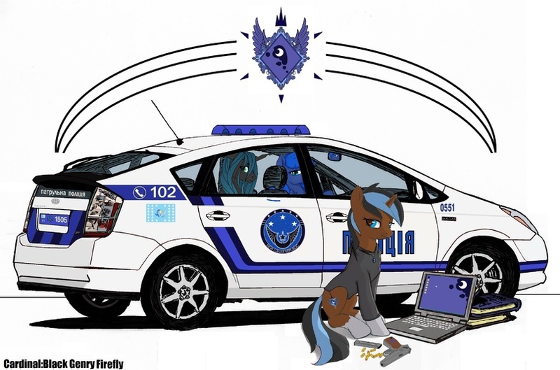 Size: 811x536 | Tagged: safe, artist:berlioz-ii, artist:honiibree, derpibooru import, edit, princess luna, queen chrysalis, oc, alicorn, unicorn, book, car, computer, cutie mark, cyrillic, female, gun, handgun, laptop computer, mare, pistol, police, police car, toyota, toyota prius, ukrainian, weapon