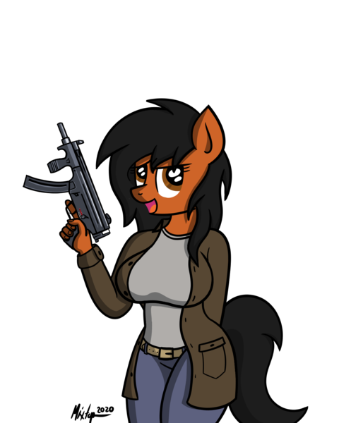 Size: 1200x1500 | Tagged: safe, artist:ponynamedmixtape, derpibooru import, oc, oc:sharp edge, unofficial characters only, anthro, earth pony, clothes, female, gun, mp5, trigger discipline, weapon