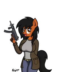 Size: 1200x1500 | Tagged: safe, artist:ponynamedmixtape, derpibooru import, oc, oc:sharp edge, unofficial characters only, anthro, earth pony, clothes, female, gun, mp5, trigger discipline, weapon