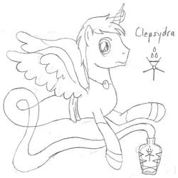 Size: 1081x1080 | Tagged: safe, artist:parclytaxel, derpibooru import, oc, oc:clepsydra, unofficial characters only, alicorn, genie, genie pony, pony, series:nightliner, alicorn oc, bottle, bracelet, cutie mark, horn, jewelry, lineart, male, monochrome, necklace, pencil drawing, pointing, solo, spread wings, stallion, traditional art, waistband, wings