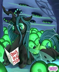 Size: 650x792 | Tagged: safe, artist:empressbridle, derpibooru import, queen chrysalis, changeling, changeling queen, pony, card, changeling egg, changeling hive, cute, cutealis, dock, egg, female, mommy chrissy, mother's day, prone, smiling, solo