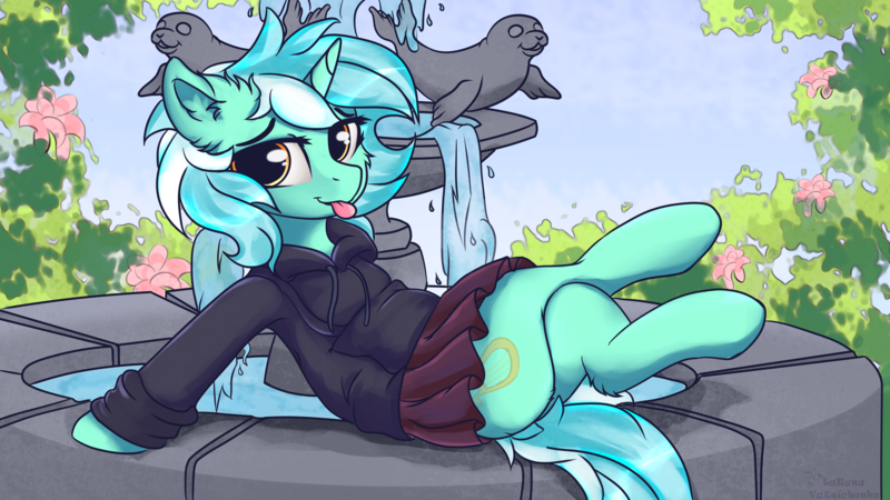 Size: 3840x2160 | Tagged: safe, artist:lakunae, derpibooru import, lyra heartstrings, pony, seal, unicorn, :p, black hoodie, bush, cheek fluff, clothes, crossed legs, cute, dig the swell hoodie, ear fluff, eyebrows, female, flower, fountain, hoodie, leaning back, leg fluff, looking at you, lyrabetes, mare, meme, park, sitting, sitting lyra, skirt, solo, statue, tongue out, water