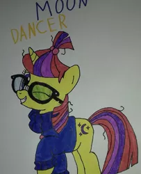 Size: 750x925 | Tagged: safe, artist:electric spark, derpibooru import, moondancer, pony, unicorn, cute, dancerbetes, female, glasses, grin, looking at you, mare, one eye closed, simple background, smiling, smiling at you, text, traditional art, white background, wink