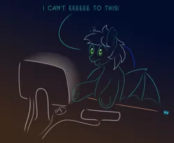 Size: 825x677 | Tagged: safe, artist:quint-t-w, derpibooru import, oc, oc:turbulence, unofficial characters only, bat pony, pony, bat pony oc, bat wings, chair, computer mouse, computer screen, desk, dexterous hooves, eeee, fangs, female, gradient background, i can't clop to this, keyboard, meme, minimalist, modern art, reaction image, solo, talking, underhoof, wings
