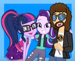 Size: 805x660 | Tagged: safe, artist:grapefruitface1, derpibooru import, sci-twi, starlight glimmer, twilight sparkle, equestria girls, mirror magic, spoiler:eqg specials, clothes, hug, jeff lynne, looking at you, microphone, sunglasses