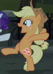 Size: 648x899 | Tagged: safe, derpibooru import, screencap, applejack, pony, made in manehattan, bipedal, cropped, cute, glowing cutie mark, happy, jackabetes, offscreen character, open mouth, silly, silly pony, smiling, solo, who's a silly pony