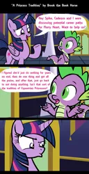 Size: 1920x3761 | Tagged: safe, artist:brook the book horse, derpibooru import, spike, twilight sparkle, twilight sparkle (alicorn), alicorn, dragon, pony, brutal honesty, comic, dialogue, female, high res, implied flurry heart, implied princess cadance, male, mare, misspelling, speech bubble, twilight is not amused, twilight's castle, unamused, winged spike, youtube link in the description