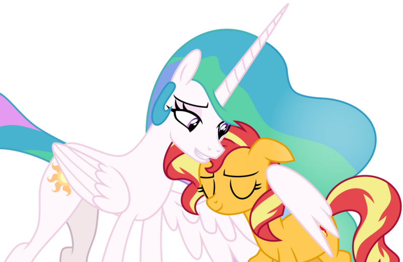 Size: 1024x667 | Tagged: safe, artist:emeraldblast63, derpibooru import, princess celestia, sunset shimmer, pony, the last problem, cute, cutelestia, daaaaaaaaaaaw, hug, momlestia, mother's day, shimmerbetes, simple background, transparent background, winghug