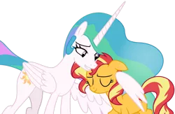 Size: 1024x667 | Tagged: safe, artist:emeraldblast63, derpibooru import, princess celestia, sunset shimmer, pony, the last problem, cute, cutelestia, daaaaaaaaaaaw, hug, momlestia, mother's day, shimmerbetes, simple background, transparent background, winghug