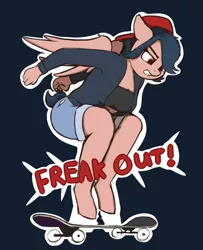 Size: 854x1051 | Tagged: 2020, 2020s, angry, anthro, artist:neighday, backwards ballcap, backwards cap, baseball cap, black background, cap, clothes, denim shorts, derpibooru import, female, fist, freak out, freckles, gritted teeth, hat, jacket, looking down, oc, oc:flip trick, pegasus, safe, shorts, short shirt, simple background, skateboard, skateboarding, solo, tail, tanktop, unguligrade anthro, unofficial characters only, wings