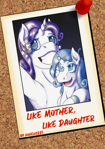 Size: 1240x1754 | Tagged: safe, artist:korencz11, derpibooru import, rarity, oc, oc:pearl belle, pony, unicorn, fanfic, fanfic:like mother like daughter, armpits, ear piercing, earring, fanfic art, fanfic cover, jewelry, offspring, parent:fancypants, parent:rarity, parents:raripants, photo, piercing, polaroid