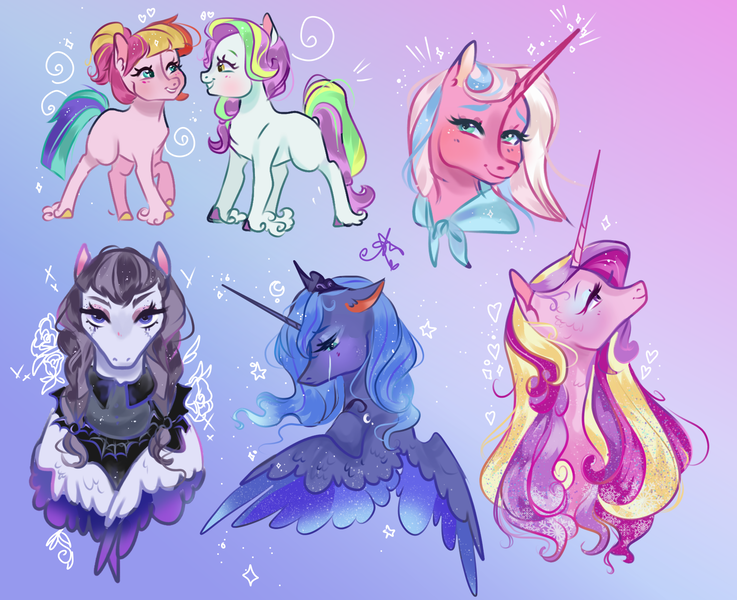 Size: 1694x1379 | Tagged: safe, artist:bunnari, derpibooru import, clear sky, coconut cream, inky rose, princess cadance, princess luna, toola roola, alicorn, earth pony, pegasus, pony, unicorn, bust, crying, eye contact, female, filly, gradient background, heart, looking at each other, mare, portrait, smiling, unshorn fetlocks