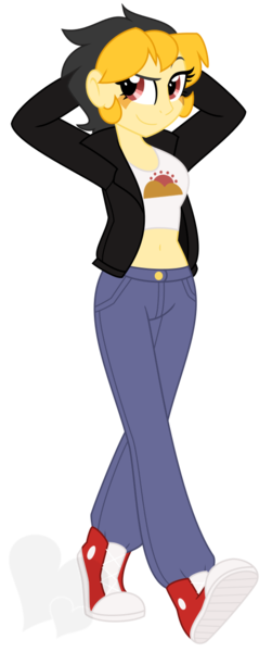 Size: 503x1203 | Tagged: safe, artist:faith-wolff, derpibooru import, oc, oc:summer skies, unofficial characters only, equestria girls, clothes, converse, female, jacket, jeans, offspring, pants, parent:oc:rusty mcshale, parent:spitfire, parents:canon x oc, shoes, simple background, solo, teenager, transparent background