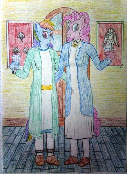 Size: 3040x4160 | Tagged: anthro, artist:mildgyth, clothes, coat, derpibooru import, dress, faravahar, flag, glass, pinkie pie, plantigrade anthro, rainbow dash, safe, shoes, sugarcube corner, traditional art, ziragshabdarverse