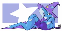 Size: 2000x1033 | Tagged: suggestive, artist:rubbermage, derpibooru import, trixie, anthro, pony, unicorn, abstract background, big breasts, big lips, bimbo, bimbo trixie, breasts, busty trixie, cape, chestbreasts, clothes, dick sucking lips, female, hat, horn, huge breasts, lips, lipstick, makeup, puffed chest, quadrupedal chest boobs, side, signature, solo, solo female, trixie's cape, trixie's hat, white lipstick