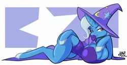 Size: 2000x1033 | Tagged: suggestive, alternate version, artist:rubbermage, derpibooru import, trixie, anthro, pony, unicorn, abstract background, big breasts, big lips, bimbo, bimbo trixie, breasts, busty trixie, cape, chestbreasts, clothes, dick sucking lips, female, hat, horn, huge breasts, lips, lipstick, makeup, puffed chest, purple lipstick, quadrupedal chest boobs, side, signature, solo, solo female, trixie's cape, trixie's hat