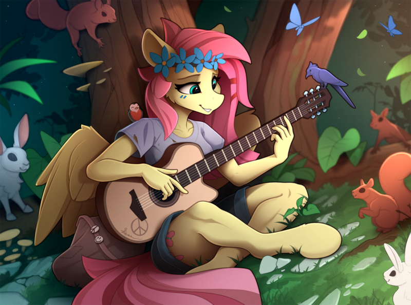 Size: 2350x1744 | Tagged: animal, anthro, artist:yakovlev-vad, bird, butterfly, clothes, crossed legs, cute, derpibooru import, female, flower, flower in hair, fluttershy, guitar, hippie, hippieshy, mare, musical instrument, pegasus, playing, rabbit, safe, scenery, shirt, shorts, shyabetes, sitting, solo, squirrel, tree, t-shirt, unguligrade anthro