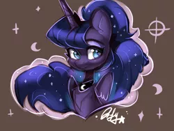 Size: 1600x1200 | Tagged: safe, artist:colorfulcolor233, derpibooru import, princess luna, alicorn, pony, brown background, bust, chest fluff, crescent moon, cute, ear fluff, female, lunabetes, mare, moon, simple background, solo, starry eyes, wingding eyes
