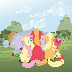 Size: 2880x2880 | Tagged: safe, anonymous artist, derpibooru import, apple bloom, applejack, big macintosh, fluttershy, earth pony, pegasus, pony, series:fm holidays, apple, apple siblings, apple sisters, applejack's hat, brother and sister, cowboy hat, crying, facing away, female, filly, fluttermac, food, gravestone, graveyard, hat, hoof on shoulder, implied bright mac, implied pear butter, intertwined tails, lineless, male, mare, missing accessory, mother's day, no pupils, shipping, siblings, sisters, stallion, straight, sweet apple acres, tail