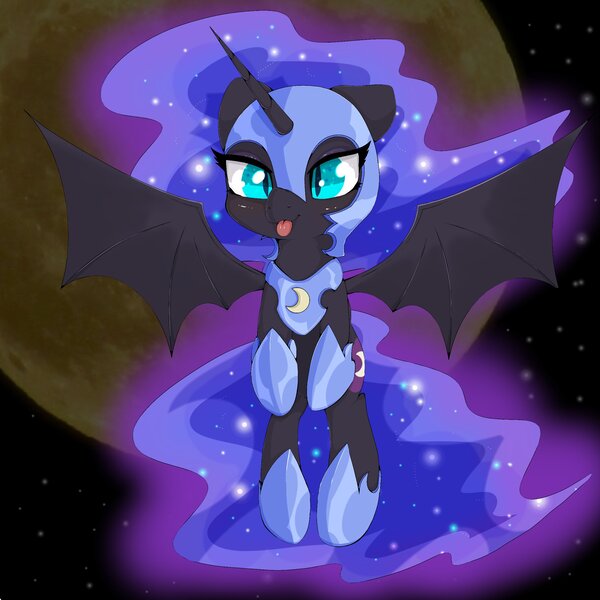 Size: 2048x2048 | Tagged: safe, artist:zokkili, derpibooru import, nightmare moon, alicorn, pony, :p, bat wings, cute, female, flying, full moon, high res, mare, moon, moonabetes, nicemare moon, slit eyes, slit pupils, solo, spread wings, tongue out, wings