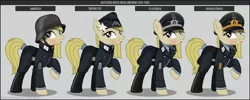 Size: 1280x512 | Tagged: safe, artist:brony-works, derpibooru import, oc, unofficial characters only, earth pony, pony, blonde, boots, clothes, earth pony oc, eyelashes, female, hat, helmet, mare, nazi, nazi germany, nazipone, raised hoof, red cross, reference sheet, shoes, smiling, solo, uniform