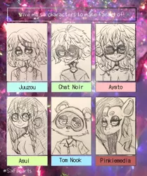 Size: 1080x1290 | Tagged: safe, artist:gruesome_dreamland666, derpibooru import, pinkie pie, anthro, earth pony, human, pony, raccoon, six fanarts, adrien agreste, animal crossing, anthro with ponies, bust, clothes, costume, crossover, female, frown, lineart, male, mare, mask, miraculous ladybug, my hero academia, pinkamena diane pie, suzuya juuzou, tokyo ghoul, tom nook, tongue out, traditional art, tsuyu asui