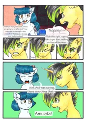 Size: 3336x4776 | Tagged: safe, artist:tillie-tmb, derpibooru import, oc, oc:meadow lark, oc:tempest, unofficial characters only, earth pony, pony, unicorn, comic:the amulet of shades, female, mare