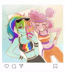 Size: 884x987 | Tagged: safe, artist:5mmumm5, derpibooru import, pinkie pie, rainbow dash, equestria girls, armpits, belly button, clothes, duo, eyes closed, leggings, midriff, mirror selfie, pants, ponytail, scrunchie, selfie, sleeveless, smiling, sports bra, sunglasses, sweatband, sweatpants, underwear, workout outfit