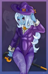 Size: 1280x1979 | Tagged: safe, artist:jennobasilicum, derpibooru import, trixie, equestria girls, cane, clothes, female, hat, smiling, zoom layer