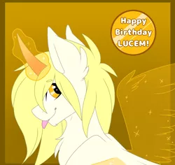 Size: 2000x1886 | Tagged: safe, artist:melodytheartpony, derpibooru import, oc, oc:lucem diem, pony, unicorn, :p, artificial wings, augmented, birthday, cute, fluffy, glowing horn, happy birthday, horn, looking at you, magic, magic wings, male, tongue out, wings