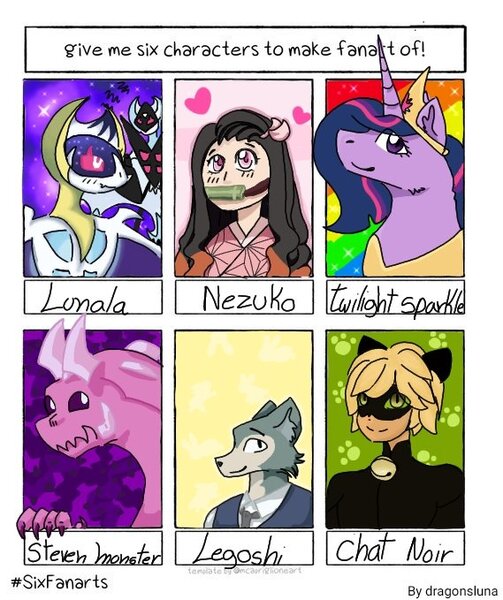 Size: 569x679 | Tagged: safe, artist:dragonsluna, derpibooru import, twilight sparkle, twilight sparkle (alicorn), alicorn, anthro, dragon, human, lunala, wolf, six fanarts, the last problem, adrien agreste, anthro with ponies, beastars, bit gag, bust, clothes, crossover, demon slayer, gag, heart, jewelry, legosi (beastars), male, miraculous ladybug, necktie, nezuko kamado, peytral, pokémon, princess twilight 2.0, smiling, steven universe, tiara