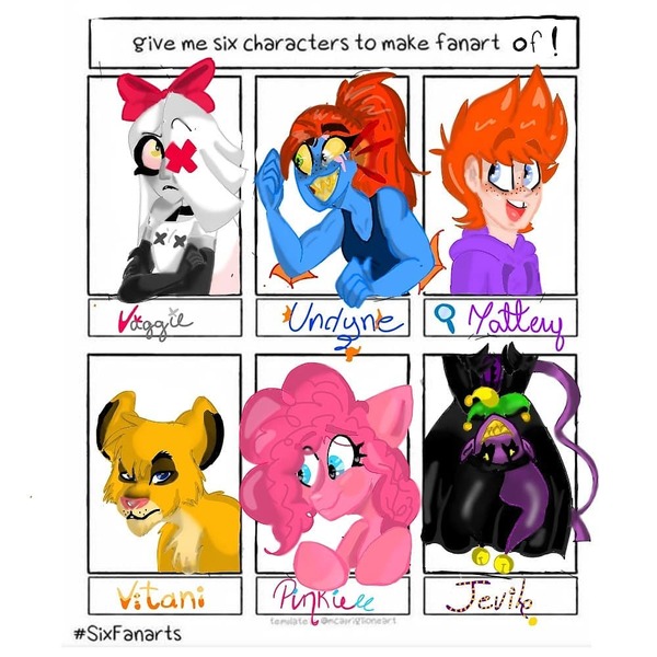 Size: 1000x1000 | Tagged: safe, artist:vikyrc73, derpibooru import, pinkie pie, big cat, earth pony, human, lion, pony, six fanarts, :d, bow, bust, clothes, crossover, deltarune, eddsworld, eyelashes, female, grin, hair bow, hazbin hotel, jevil, smiling, the lion king, undertale, undyne, vaggie, vitani