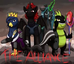 Size: 3869x3320 | Tagged: safe, artist:galacticham, derpibooru import, queen chrysalis, oc, oc:abigail the beloved skunk, oc:dragon lord charcoal, oc:king gilbert, oc:prince ecosis, alicorn, changeling, changeling queen, dragon, gryphon, skunk, alicorn oc, alliance ecosis, animal, armor, bloodstone scepter, crown, fangs, female, glowing horn, group, horn, jewelry, looking at you, regalia, scepter, tongue out, wings