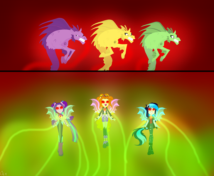 Size: 2286x1882 | Tagged: safe, artist:lumi-infinite64, derpibooru import, adagio dazzle, aria blaze, sonata dusk, oc, oc:celeste splash, siren, equestria girls, dazzling, siren oc, solo, the dazzlings