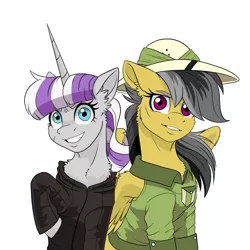 Size: 2048x2048 | Tagged: safe, artist:tillie-tmb, derpibooru import, daring do, twilight velvet, pegasus, pony, unicorn, series:daring did tales of an adventurer's companion, clothes, duo, duo female, fanfic art, female, hat, jacket, leather jacket, mare, pith helmet, scar, smiling