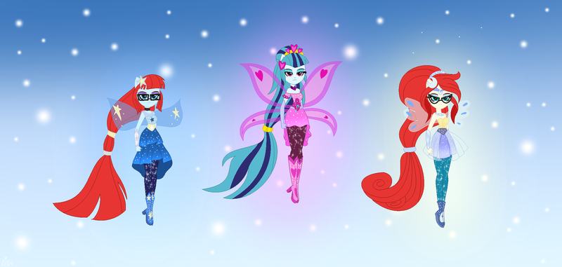 Size: 2096x998 | Tagged: safe, artist:lumi-infinite64, artist:selenaede, derpibooru import, sonata dusk, fairy, equestria girls, alternate hairstyle, alternate universe, base used, clothes, crescent moon, crossover, eyeshadow, fairies, fairies are magic, fairy wings, fairyized, floating, friendship, gloves, gradient background, gradient clothes, hairclip, heart, leggings, makeup, mary test, moon, ponied up, reformed, serious, serious face, shoes, skirt, solo, sparkles, stars, super ponied up, susan test, trio, wings